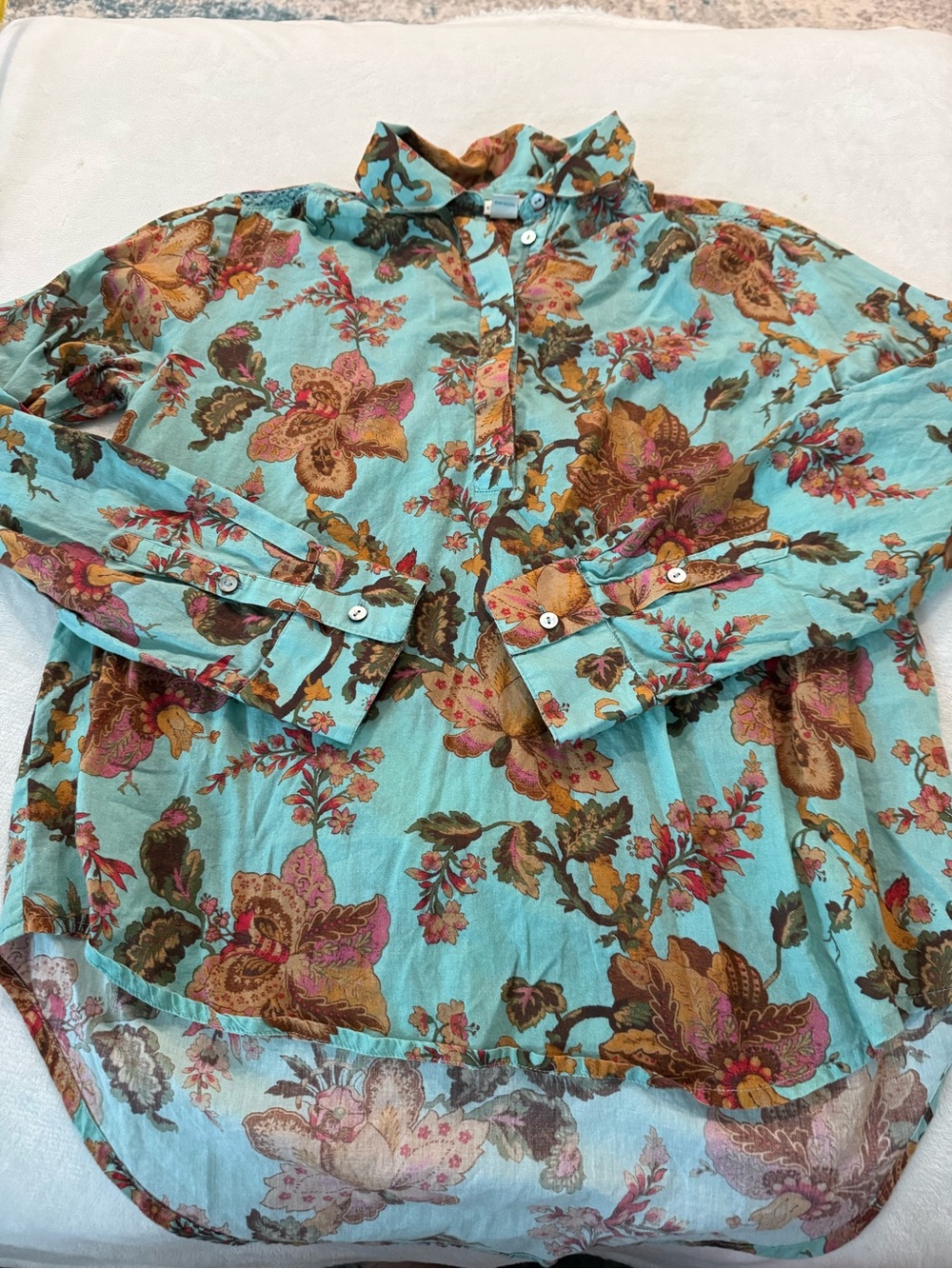 Sundance Womens Small Turquoise Floral Cotton Crochet Trim L/S Blouse D73
